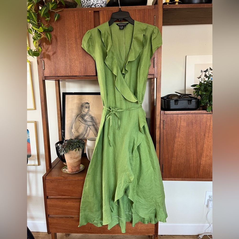 Vintage J Peterman Green Linen Wrap Dress